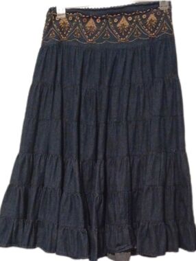 << Freestyle Blue Tiered Maxi Skirt with Embroidered Waistband Women's Size M